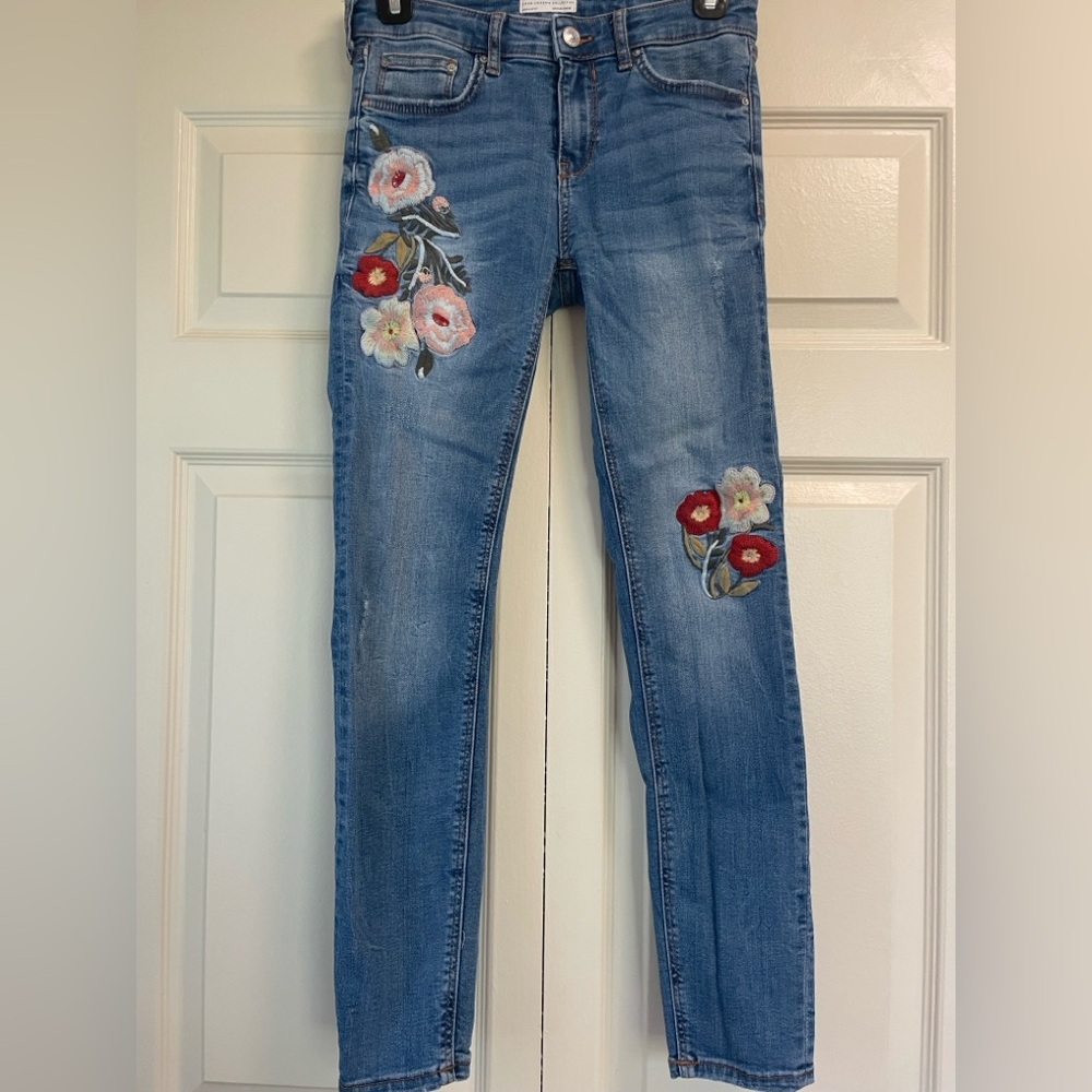 Zara Denim Skinny Jeans with Floral Design